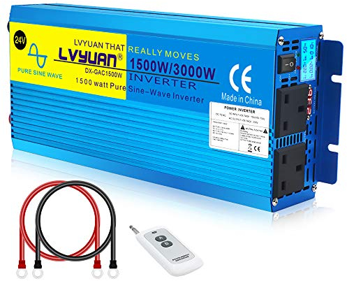 Cantonape Power Inverter Pure Sine Wave 1500 Watt DC 24V to AC 230V/240V Converter with LCD Display &2 UK Outlets Car Inverter with wireless Remote Control And Cooling Fans-Peak Power 3000 Watt