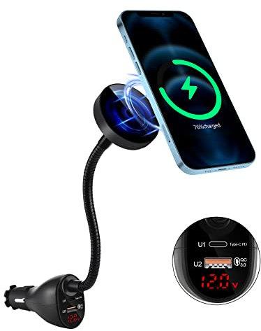 DACK Mag-Safe 15W Car Cigarette Lighter Wireless Charger, Magnetic Auto-Alignment Air Vent Mount Holder with Dual Port PD&QC3.0 Fast Charging for iPhone 13/13 Pro/ 13 Pro Max/12 Series