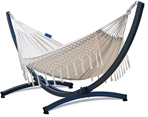 Potenza Outdoor Hängematte mit Tytan Gestell für 2 Personen I Baumwolle Doppelhängematte XXL 220x160, 200kg I Hängemattengestell 350 kg, wetterfest (Santia-Ecru, Basic Gestell Graphit)