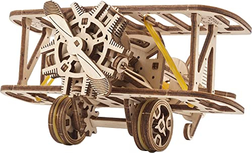 UGEARS Mini Biplane 3D Puzzle - Airplane Wooden Model Kits for Adults to Build for Beginners - Pull-Back Rubber Band Motor Aircraft - 3D Wooden Puzzles for Adults Vintage Aviation DIY Kit - 84 Pcs