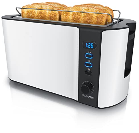 Arendo - Tostadora 4 rebanadas con ranuras largas - 1500 W - 6 niveles - Pantalla indicadora - Descongelación y calentamiento - Soporte panecillos - Bandeja de migas - Doble pared - Acero inoxidable