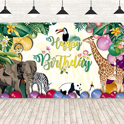 Jungle Safari Animal Theme Happy Birthday Party Decorations Tropical Forest Zoo Poster Backdrop for Boys Girls Birthday Party Photo Background Wall Supplies-185*110cm