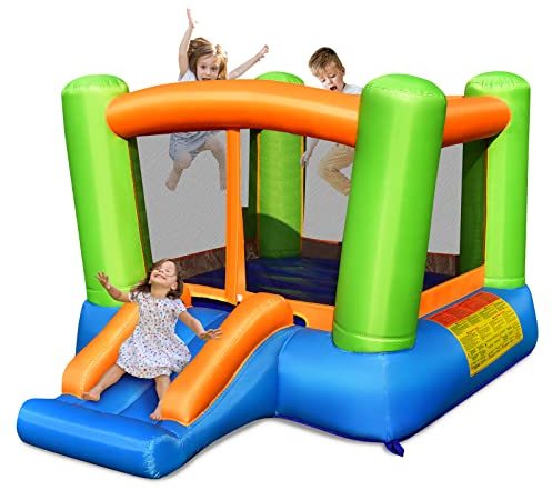 GOPLUS Ausblasbare Hüpfburg mit Rutsche, Hüpfschloss für 3 Kinder von 3-10 Jahren, Indoor & Outdoor Springburg aus Oxford-Gewebe für Garten & Park, 250 x 197 x 143 cm (Grün, Ohne Gebläse)