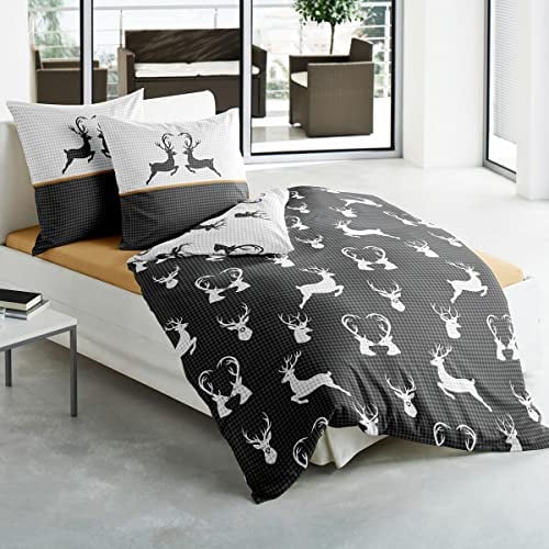Traumschlaf Biber Bettwäsche Hirsche Grafit 1 Bettbezug 135 x 200 cm + 1 Kissenbezug 80 x 80 cm
