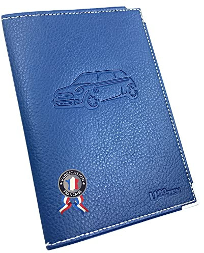 Ugozen Pochette Carte Grise, Accessoire Porte Papier Voiture + Etui de Protection Trensparent (inclu) Fabrication FRANÇAISE - Bleu
