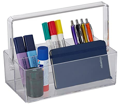 Relaxdays Organiser, Desk, Handle, 4 Compartments, Storage, H x W x D: 18.5 x 25.5 x 13.5 cm, Plastic, Transparent
