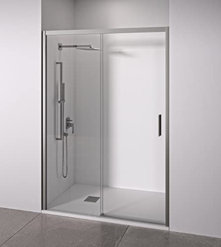 Mampara de ducha frontal 1 corredera + 1 fijo - sin perfilería inferior - Cristal transparente templado 6mm antical - Plata Brillo - Ancho adaptable 95 a 100cm - Posición puerta derecha - Alto 195cm