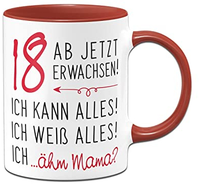 Tassenbrennerei Tasse mit Spruch 18 ab jetzt erwachsen - Kaffeetasse als lustiges Geschenk zum 18. Geburtstag für Sohn und Tochter (Rot)