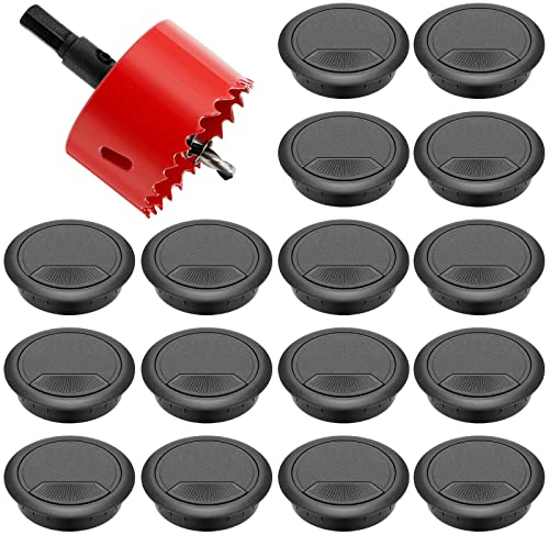 16 Stück Kabeldurchführung Schreibtisch mit 1 Lochsäge,Kabeldurchlass 60mm,Schreibtisch Kabeldurchführung Schwarz,Kabeldose,Tisch Kabeldurchführung