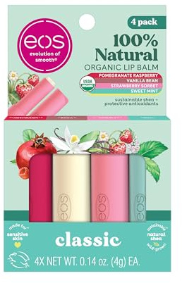 eos 100% Natural & Organic Lip Balm Sticks- Strawberry Sorbet, Vanilla Bean, Sweet Mint & Pomegranate Raspberry, Lip Care Products, 0.14 oz, 4-Pack