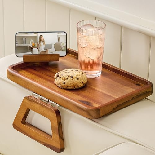 Tinamo Acacia Wood Sofa Armrest Tray -Sofa Arm Tray Table Clip - Couch Arm Table for Wide Couches - Wooden Side Tables 360°Rotating Bracket Phone Holder (with Phone Holder)