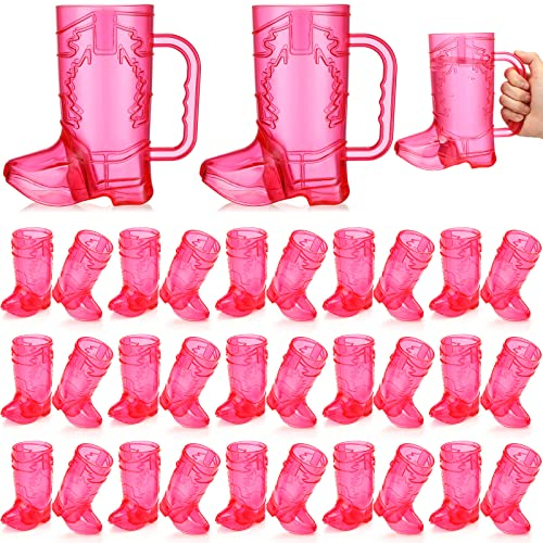 32 Pcs Rose Red Cowboy Boot Glass and Cups Set 30 Pcs 1 oz Plastic Mini Cowboy Boot Shot Glasses and 2 Pcs 16oz Big Cowboy Boot Cups for Cowboy Cowgirl Party Supplies Birthday Wedding Decorations