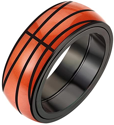 JewelryWe Schmuck Fidget Angst Ring Herren Basketball Muster Edelstahl Drehbarer Anti Stress Band Bandring mit Gravur, Schwarz Größe 62