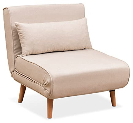 EVERGREENWEB - Canapé-Lit Banquette Convertible en lit | Fauteuil-lit Relax avec Matelas Simple et Coussin rembourré | Canapé clic-clac 1 Place avec Pieds en Bois | Foldy Beige