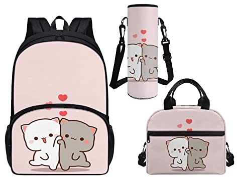 Showudesigns Sac à dos pour enfants avec boîte à déjeuner et porte-bouteille d'eau, Kawaii Cat, Taille unique