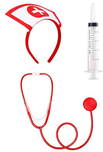 HIXNUG Lot de 3 accessoires de costume d'infirmière d'Halloween – Bandeau d'infirmière, stéthoscope, seringue pour décoration de cosplay