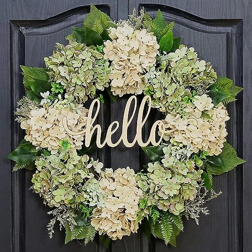 Spring Wreaths, 18 Inch Spring Wreaths for Front Door Eucalyptus Wreath, 40cm Artificial Green Hydrangea Wreath Hello Front Door Wall Background Decor