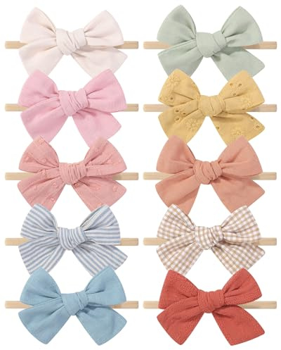 doboi 10PCS Baby Girls Headbands Hair Bows Nylon Cotton Linen Hairbands Handmade Hair Accessories for Newborn Infant Toddlers Little Girl and Kids 3.5Inches