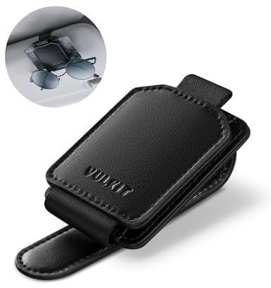 VULKIT Sunglasses Holder for Car Sun Visor, Magnetic leather Sunglasses Card Clip Organizer, Eyeglasses Hanger Mount, Car Visor Accessories, Auto Travel Essentials (Black)