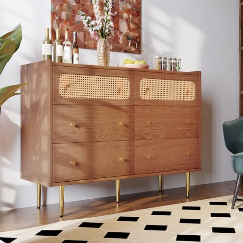 kubeier Kommode Nussbaum mit 6 Schubladen H90/B120/T40 cm, Sideboard Wohnzimmer, Kommode Schlafzimmer Küchekommode Freistehender Schrank Buffetschrank Beistellschrank Küchenmöbel