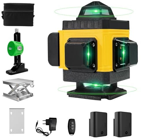 Nivel Laser Autonivelante 360°x 4 Verde Grados 16 líneas de alta precisión Nivelación Profesional automática Recargable 2batería Exterior Obra Mag