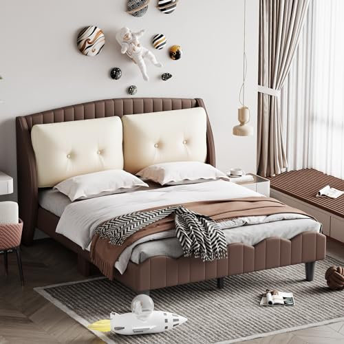 MQLAE Polsterbett Doppelbett 140 x 200 cm, Kopfteil Bett - Zwei großen Kissen, Bett mit Lattenrost aus Holz, PU-Leder, Gepolstertes Bett für Kinder, Jugendliche und Erwachsene (Braun)