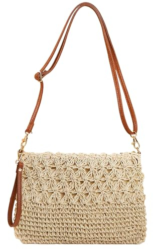 YYW Straw Bag for Women Weave Handmade Single Crossbody Bag with Zipper Beach Bags Bohemian Shoulder Purse for Beach Travel Daily Use-Off White