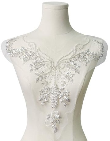Whakano Weiß Perlen Spitze Applikation,Pailletten Spitze Mesh-Stoff,Spitze Applikation Patch,Spitzen Patch Bestickte zum Aufnähen,Kragenbesatz für Hochzeitskleid,Kleid,Kleidung Zubehör