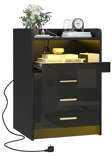HaodaCulture Led Nachttisch mit Ladefunktion, Smart Nachtschrank mit 36 Farben Dimmbar Licht, Nachtkommode mit 3 Schubladen, Hochglanz, für Schlafzimmer Wohnzimmer, Schwarz 45x40x65cm