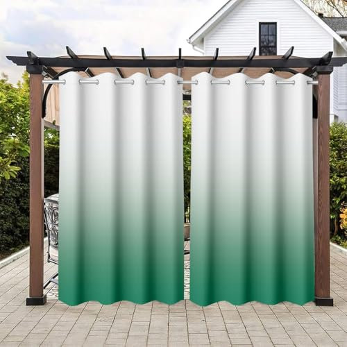 Hiseng Outdoor Vorhang Wetterfest mit Ösen 2 Stück Balkon Outdoorvorhänge Wasserdicht Blickdicht Vorhang Outdoor Sichtschutz Vorhänge für Garten Terrasse -Farbverlauf (137x243cm,Türkis)