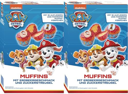 RUF x PAW Patrol Muffin Backmischung mit Erdbeer-Geschmack, für 12 Paw Patrol Muffins, inkl.16 Oblaten-Auflegern und PAWsome Muffin-Förmchen, 1 x 394g (Packung mit 2)
