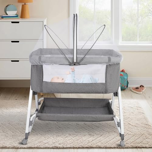 HUOLE 3 in 1 Beistellbett, 6-stufig Höhenverstellbar Reisebett mit Matratze & Rollen, Stubenwagen Baby ab Geburt bis 25 kg, 20° Neigung Babybett, schnelle Montage-80 * 40 * 100-115cm – Leinen