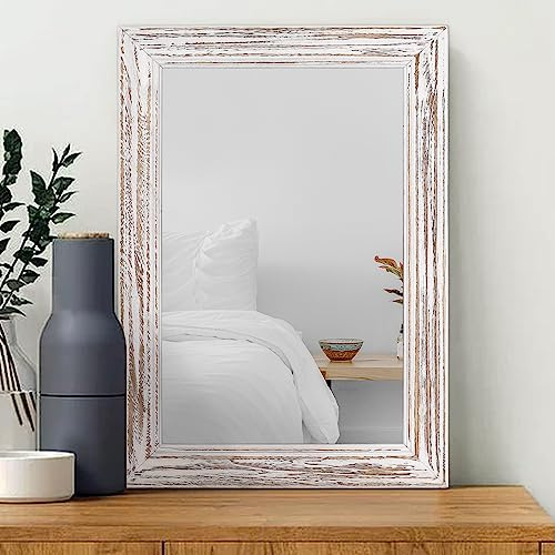 MWAZZLL Großer Wandspiegel mit rustikalem Holzrahmen, rechteckiger Spiegel für die Wand, 65 x 45 cm, dekorativer Hängespiegel für Badezimmer, Schlafzimmer, Weiß