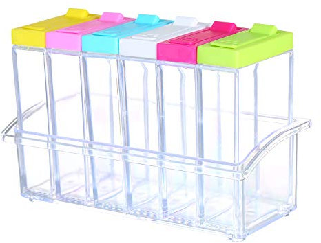 Sanfoelek Plastic Spice Shaker Jars Seasoning Box Condiment Jar Storage Container Mini Clear Spice Bottle with Lid & Tray for Salt Sugar Cruet Pepper Herbs Set of 6