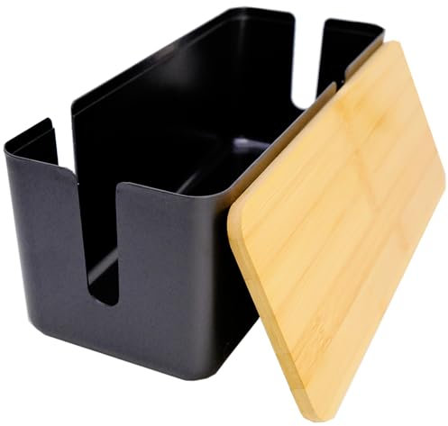 JJQHYC Cable Tidy Box Large Cable Box with Bamboo Lid Cable Management Box Black Cable Organiser for Hiding Cables and Plugs