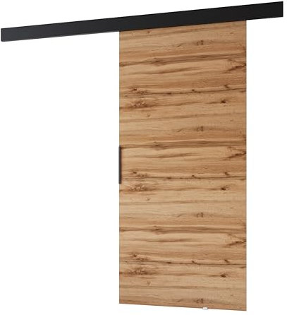 MINIO go for it - Schiebetür PRIM A, Zimmertür 106 cm, Schiebetürsystem, Lacobel, Wandmontage, schwarzer Griff, Farbe: Wotan Eiche/Schwarz