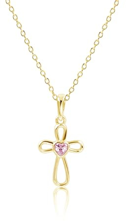 Cherished Moments Children's 14K Gold Plated Cross Necklace with Pink CZ Heart for Baptism, First Communion and Confirmation Gift for Girls
