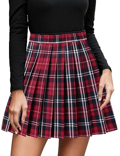 2025 - Mini jupe trapèze plissée décontractée à carreaux pour femme avec taille haute, rouge, XL