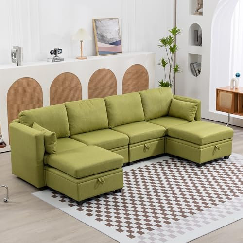 UATARU Corner Sofa with Sleep Function, Living Room Couch Double Bed with Storage Space, 6 Seater Lounge Furniture (Olive)