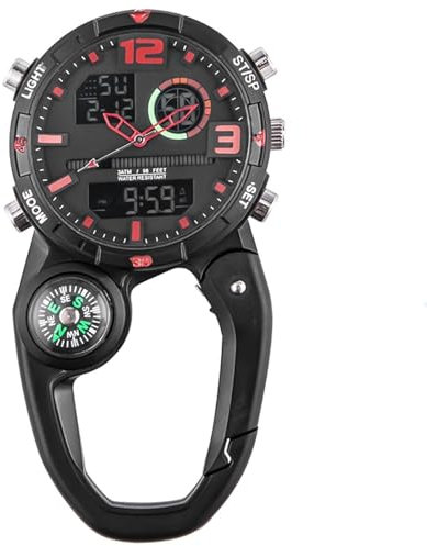 GOMETY Taschenuhr mit Karabiner Schwesternuhr, Clip Karabineruhr mit Leuchtendes, Kalender, Woche, Wecker, Kompass, Digital Uhr Analog Quarzuhr Multifunktionale für Camping Bergsteigen (Rot)