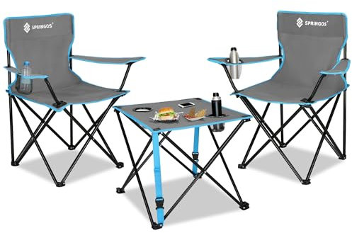 SPRINGOS Table de camping pliable avec 2 chaises, sac de transport, meubles de pique-nique d'extérieur avec porte-gobelets et hauteur réglable pour pêche, balcon, festival