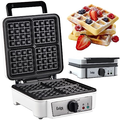 Gadgy Double Belgian Waffle Maker 1200W Makes 4 Waffles White | Cooks Four Golden Waffles in Under 5 Minutes with Non Stick Plates Cool Touch Handle and Compact Storage
