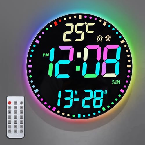 12 LED Wanduhr Digital mit Fernbedienung, Digitale Wanduhr RGB Farbwechsel, Temperaturanzeige, 2 Alarme, Datum Woche, Automatische Helligkeit, Moderne Digital Uhr für Wohnzimmer und Schlafzimmer