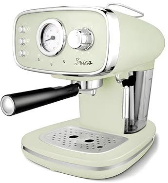 EMPOTEC Macchina Caffè Espresso Vintage Retrò 2in1 Cialde/Macinato 1 o 2 Tazze Funzione Cappuccino Montalatte Ripiano Scaldatazze Autospegnimento 15Bar Vassoio Antigoccia Serbatoio 1,2Lt 1100W (Verde)