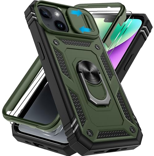 Pilaru 3 in 1 for iPhone 13/14 Case |With Front Frame| [2 Separate Screen Protectors] & Kickstand Ring & Camera Cover Military Grade Drop Shockproof Protection for iPhone 13/14 Phone,Dark Green