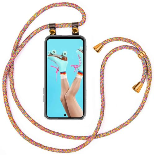 moex Handykette für Motorola Moto G56 5G Hülle mit Band abnehmbar, Handyhülle mit Kette zum Umhängen, Handyband 155 cm lang Stoff Kordel Umhängehülle, Handy Umhängeband, Rainbow
