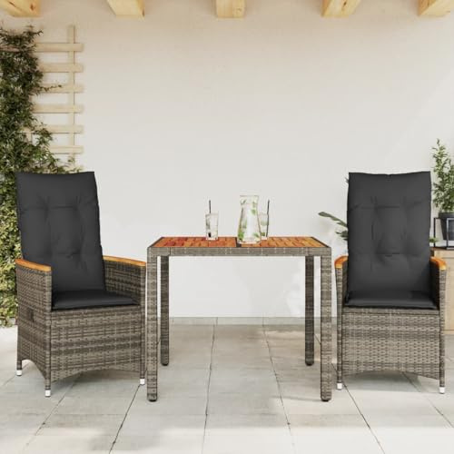 YuuSsea 3-TLG. Bistro-Set mit Kissen, Grau, Poly Rattan, verstellbare Relaxsessel, Akazienholz-Tischplatte, Outdoor-Möbel für Garten, Balkon, Terrasse