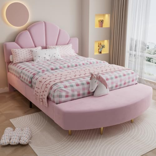 Merax Kinderbett Polsterbett 140x200 cm mit Samtkopfteil & Bettbank – Rosa Einzelbett für Kinder, Weiche Antikollisions-Schwammkante, Stabile Konstruktion aus Samt + Sperrholz
