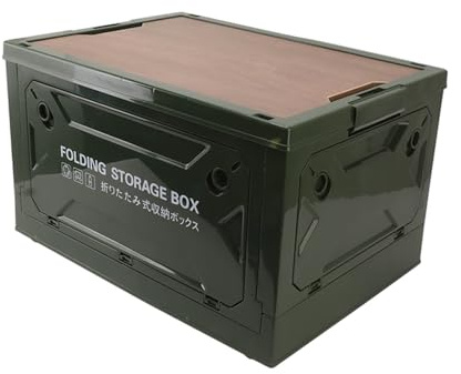 Jelquix Folding Camping Storage Box with Wooden Lid Strong Load Bearing for Car Camping Picnic, Foldable Storage Bin Container for Outdoor MDF 19.3x13.8x11.2in (OD Green)