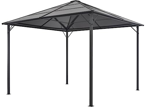 Tonnelle de jardin avec toit, 3 x 3 m anthracite, structure en acier aluminium, panneaux en polycarbonate résistants aux UV, pour terrasse et jardin, protection solaire idéale